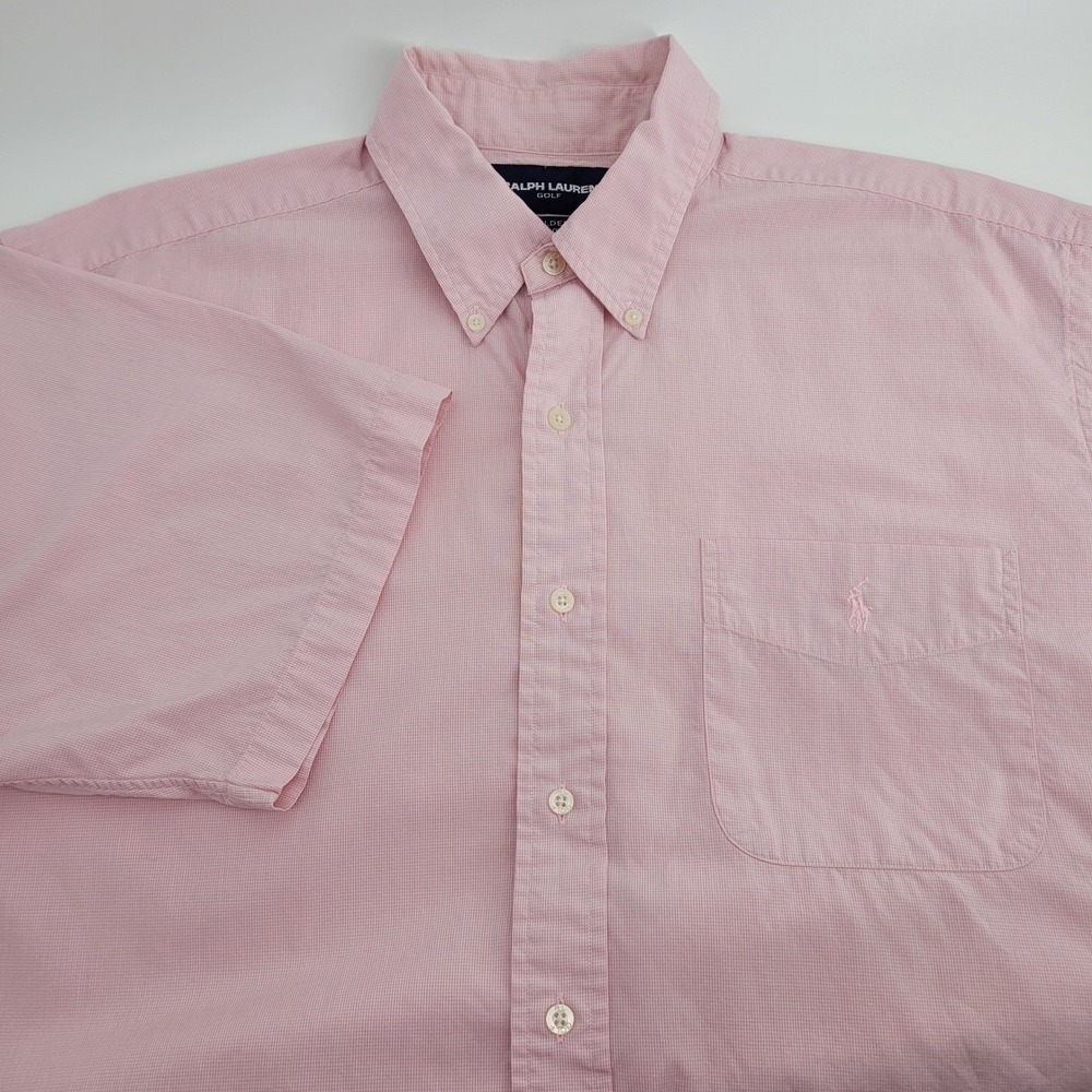 Ralph Lauren Golf Mens LG Pink Tilden 100% Cotton Short Sleeve Button Down Shirt